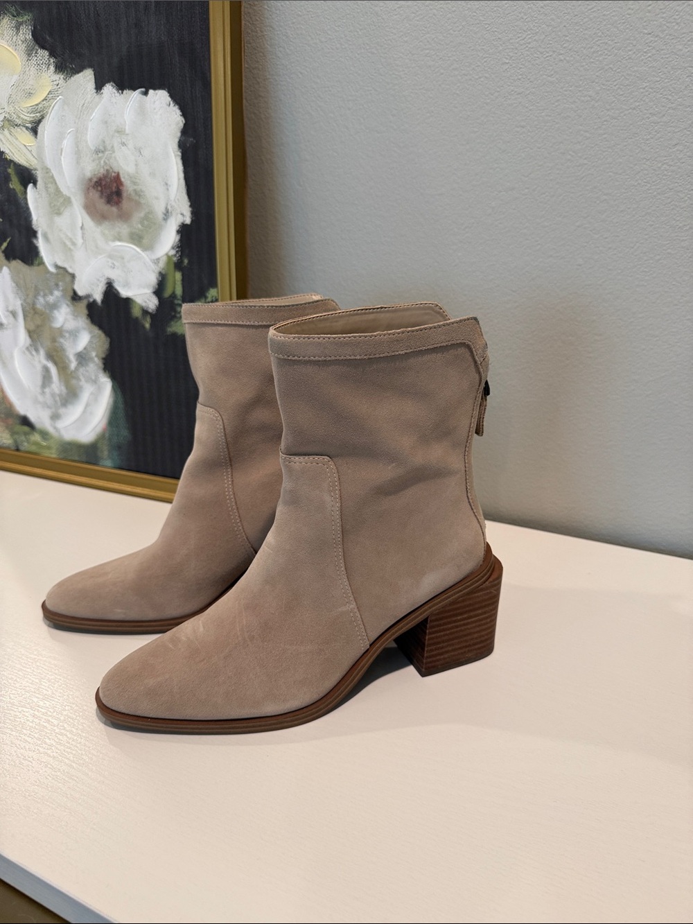 Vince Camuto Taupe Suede Mid-Block Heel Ankle Boots